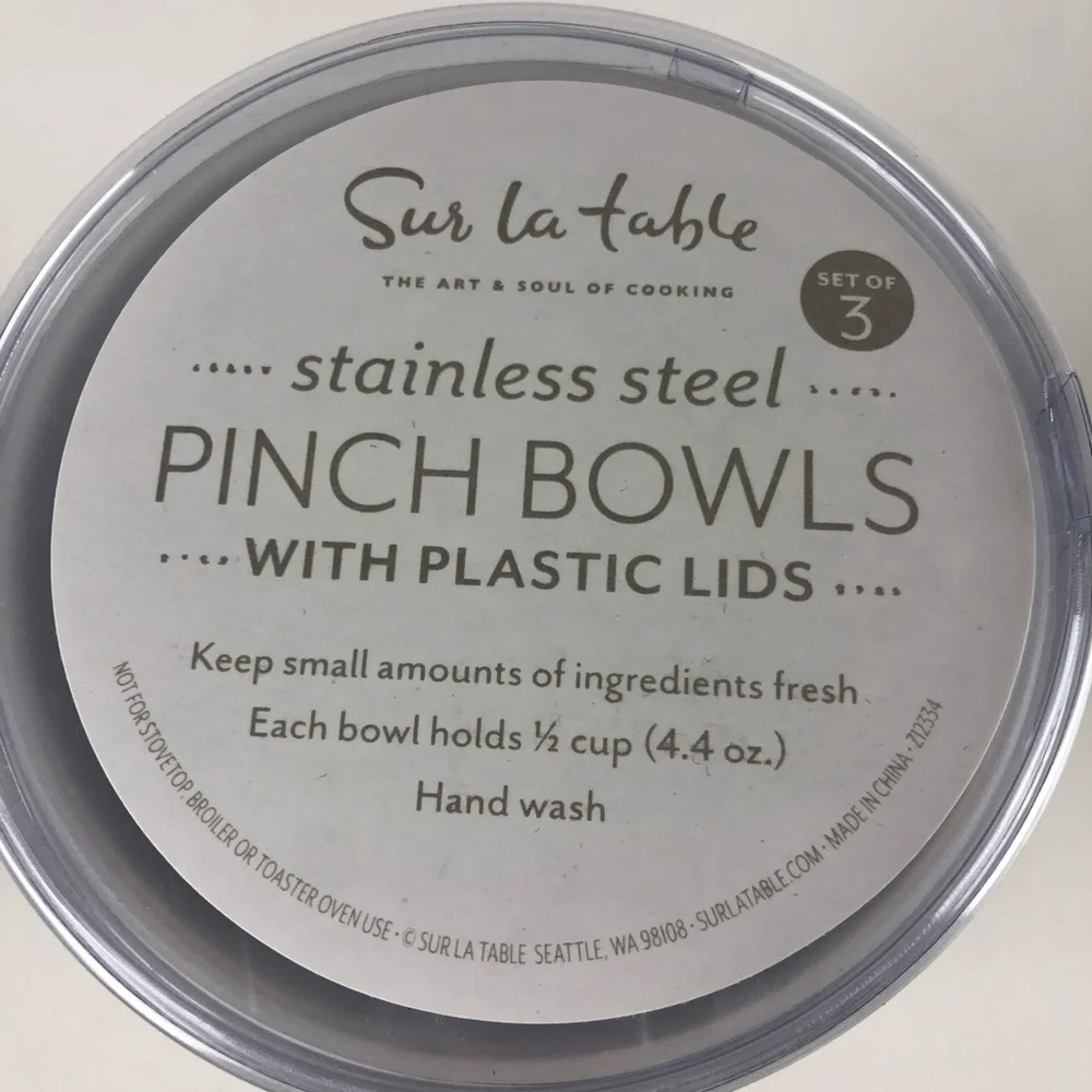 Sur La Table Set of 3 Stainless Steel Pinch Bowls w Lids Cooking Chef NIB